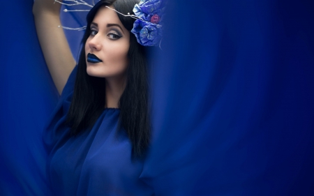 Beauty in blue - blue, girl, beauty, flower, make-up, scarf, woman, model, brunette