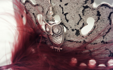 Owl pendant and red feather - feather, white, red, silver, bird, pendant, owl