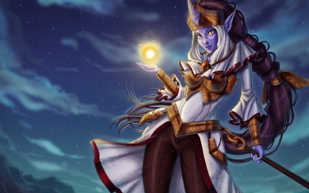 Solaka - woman, elf, girl, magic, solaka, fantasy, purple, blue, league of legends