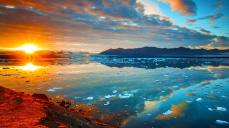 glacial lagoon at sunrise - clouds, ice, shore, lagoon, sunrise, mountains