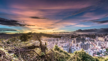 valley city on a wonderful sunrise hdr - mountains, valley, city, trees, sunrise, hdr