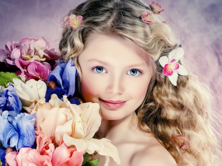 Spring princess - pretty, beautiful, girl, spring, lovely, bouquet, hair, flowers, fresh, smile, lady, fairy, princess, young