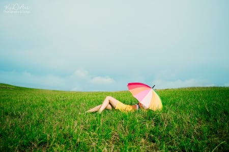 Life is Wonderful - woman, sky, girl, photography, field, relaxing, umbrella, beautiful, grass, relax