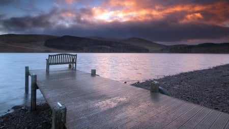 beautiful lake view from bench on wharf - view, lake, sunset, shore, bench, wharf