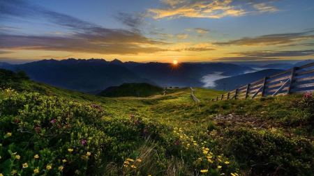 snrise on a mountainside in spring - fence, clouds, flowers, mointains, spring, sunrise