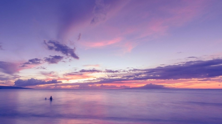 the wide wide pink ocean - swimmer, clouds, pink, twilight, sea