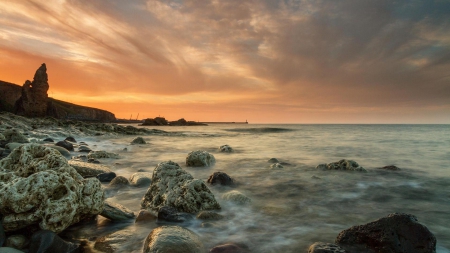 lovely rocky seashore - sea, shore, sundown, rocks