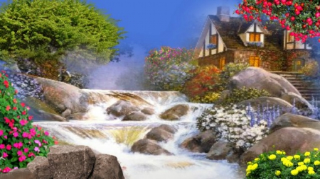 ~*~ Spring ~*~ - flowers, waterfall, spring, spring house