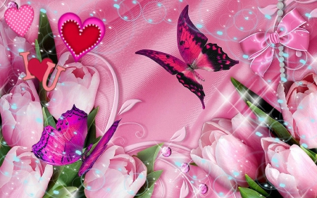 â™¥.Pink on Valentine's Day.â™¥ - animals, tulips, bubbles, creative pre-made, hearts, glowing, digital art, butterflies, attractions in dreams, vector arts, lovely, bright, pink, beautiful, sweet, beloved valentines, flowers, colors, all hearts, butterfly designs