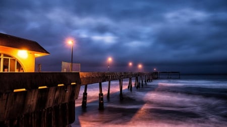 ocean pier in evening hdr - pier, evening, hdr, sea, waves, lights