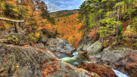 trail above a river gorge in autumn hdr - river, trees, trail, autumn, rail, hdr, gorge, mountain