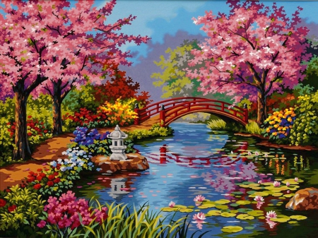 Japanese garden - calm, blossoms, spring, flowering, flowers, garden, lake, art, trees, beautiful, pond, blooming, colorful, painting, serenity, peaceful, bridge, japanese