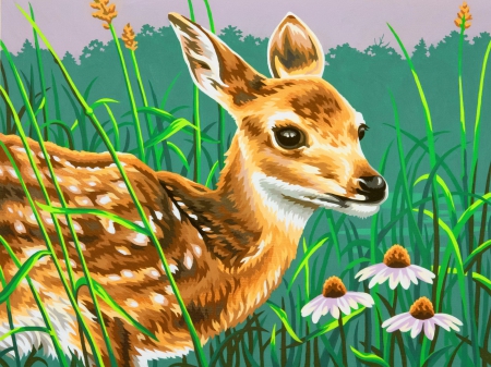 Fawn&flowers - fawn, beautiful, roe, spring, grass, meadow, freshness, sweet, flowers, daisies, animal, deer, painting, cute, art