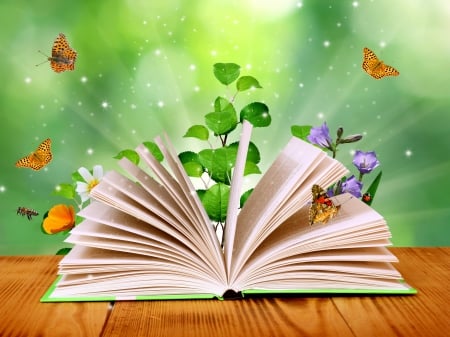 Creativity - pages, pretty, creativity, summer, book, butterflies, beautiful, spring, lovely, freshness, leaves, fantasy, wind, rays, nice, art