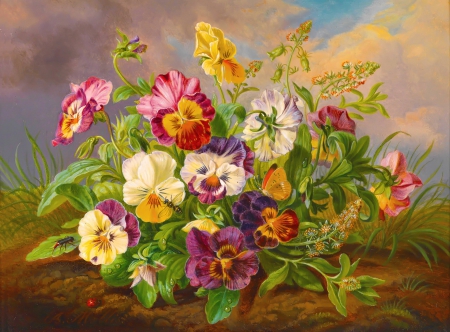 Floral art - pretty, spring, leaves, flowers, scent, ladybud, art, violets, beautiful, fragrance, lovely, freshness, still life, petals, pansies, harmony, colorful, painting, floral