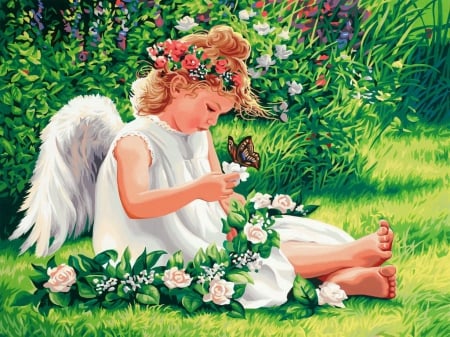 Darling angel - pretty, grass, spring, angel, flowers, garden, nice, art, beautiful, girl, lovely, freshness, sweet, fantasy, lady, wings, painting, fairy, butterfly, cute, darling, park, young