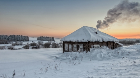 Winter Time - clouds, house, winter, snowy, splendor, snow, landscape, sunrise, winter splendor, sunset, winter time, nature, cottage, sky