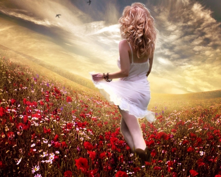 Flower Field - white, girl, blonde, field, morning, flower, hair, sky