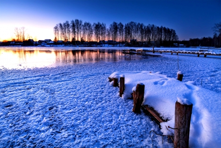 Winter Morning - clouds, winter, water, blue, snowy, snow, landscape, sunrise, reflection, pier, winter splendor, winter time, nature, lake, sky