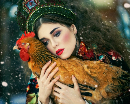 Beautiful woman - face, chicken, makeup, woman