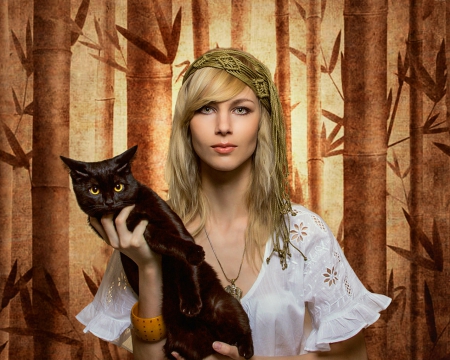 Beauty and cat - woman, pet, cat, model