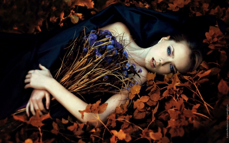 Beautiful girl - leaves, lying, woman, model