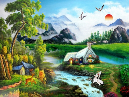 Paradise - pretty, hills, birds, summer, creek, stream, mountain, countryside, shore, lake, paradise, hut, art, cottage, sky, sun, house, greenery, trees, beautiful, photoshop, lovely, river, nature, deer, painting