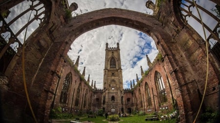 fisheye view of st lukes church courtyard - fisheye, church, tower, grass, courtyard