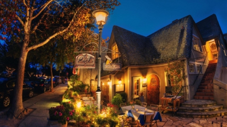 lovely little sidewalk restaurant at night hdr - tables, restaurant, street, sidewalk, night, hdr, lights