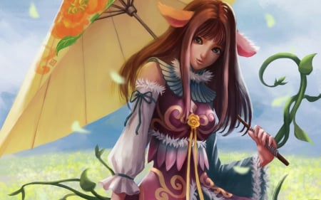 Fantasy girl - yellow, ears, parkyr, girl, pink, orange, fantasy, umbrella, green