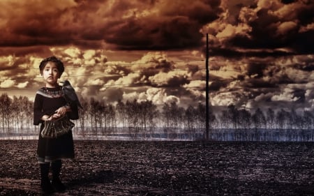 Situation - cloud, purse, child, situation, black, photomanipulation, bird, raven, girl, sky, storm, orange