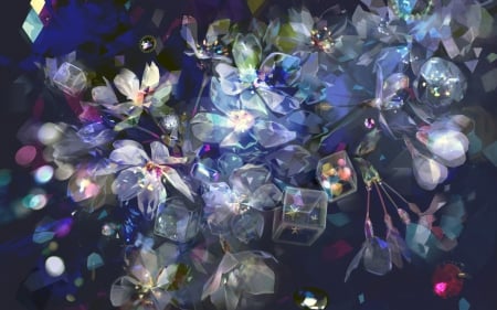 Flowers and glass cubes - glass, white, glitter, art, pink, blue, anime, cubes, flower