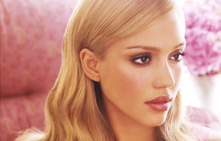 Jessica Alba - woman, face, actress, girl, pink, make-up, jessica alba, blonde