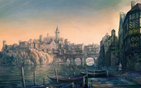 Castle - house, fantasy, anime, water, boat, lake, castle, pontoon