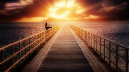 magnificent sunrise on a pier hdr - bright, pier, man, clouds, hdr, sea, sunrise