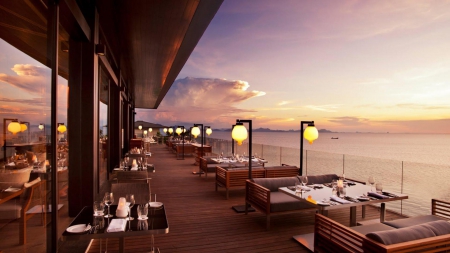 superb seaside restaurant - tables, restaurant, terrace, clouds, sunset, sea, lights