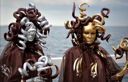 Venice Carnival - mask, people, venice, water, medusa, brown, carnival, blue, golden