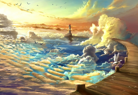 heavenly ocean - clouds, heaven, abstract, hetty, birds, lighthouse, sea, sunshine, ocean, heavenly, drawing, SkyPhoenixX1, picture, art, sky, wallpaper