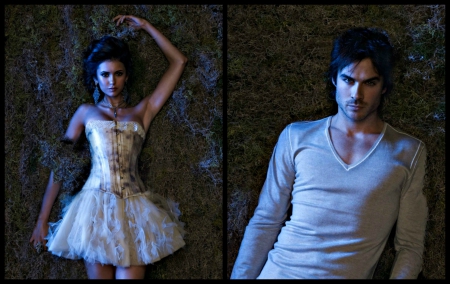 Elena and Damon - actor, ballerina, by cehenot, tv series, collage, girl, man, ian somerhalder, actress, vampire diaries, fantasy, nina dobrev, white, woman, elena, damon