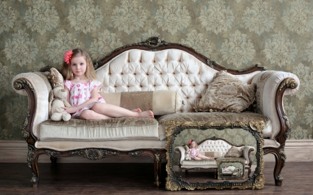 1,2,3 - photomanipulation, girl, sofa, toy, child, picture, situation, pink, surrealism, frame