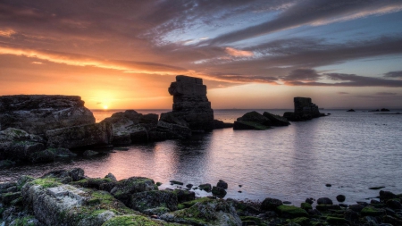 sunset over stone wharf ruins hdr - ruins, shore, hdr, sunset, sea, rocks, wharf