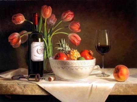 Still Life - glass, blossoms, fruits, bowl, tulips, bottle, flowers, wine