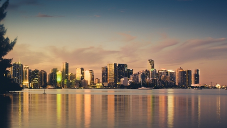 sunset on miami skyline - sunset, coast, sea, city, reflection