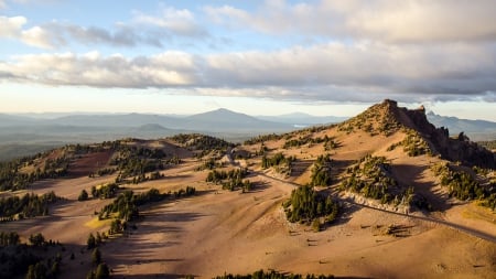 road to crater lake park in oregon - lake, mountains, crater, road, clouds