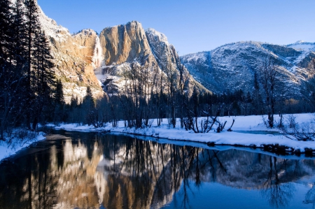 Yosemite Valley - mountains, winter, water, reflection, trees, snow