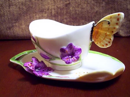 Wings and tea - butterfly, saucer, teacup, flower