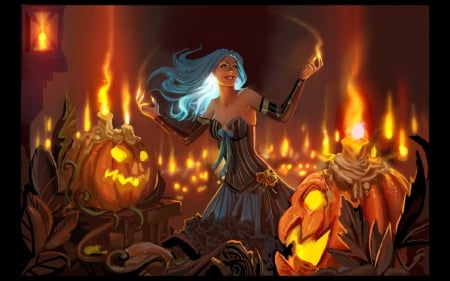 Halloween Witch - witch, halloween, pumpkins, candlies, fire