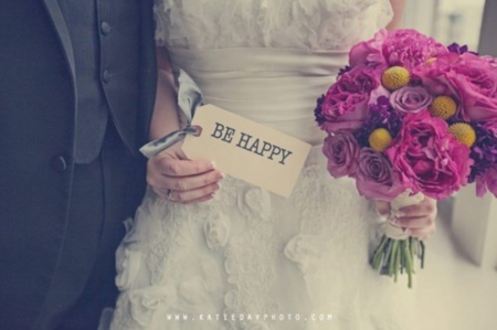 *Be happy* - special day, purple, wedding, bride, flowers, bouquet, be happy