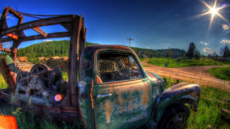 abandoned truck by the side of a farm road hdr - truck, hdr, abandoned, road, farms, sun rays