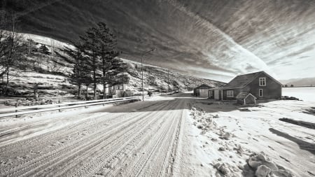 wonderful winter scene in monochrome - hill, house, trees, winter, road, monochrome, sky